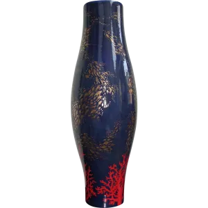 Bespoke Modern Italian Monumental Gold Red Blue Ceramic Vase with Ocean Decor 