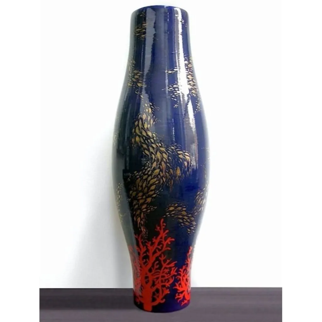 Bespoke Modern Italian Monumental Gold Red Blue Ceramic Vase with Ocean Decor