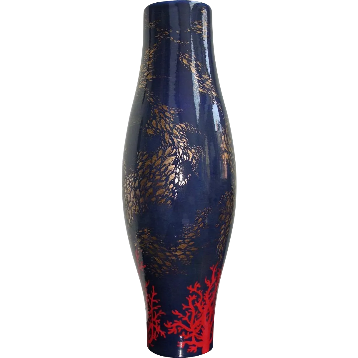 Bespoke Modern Italian Monumental Gold Red Blue Ceramic Vase with Ocean Decor 