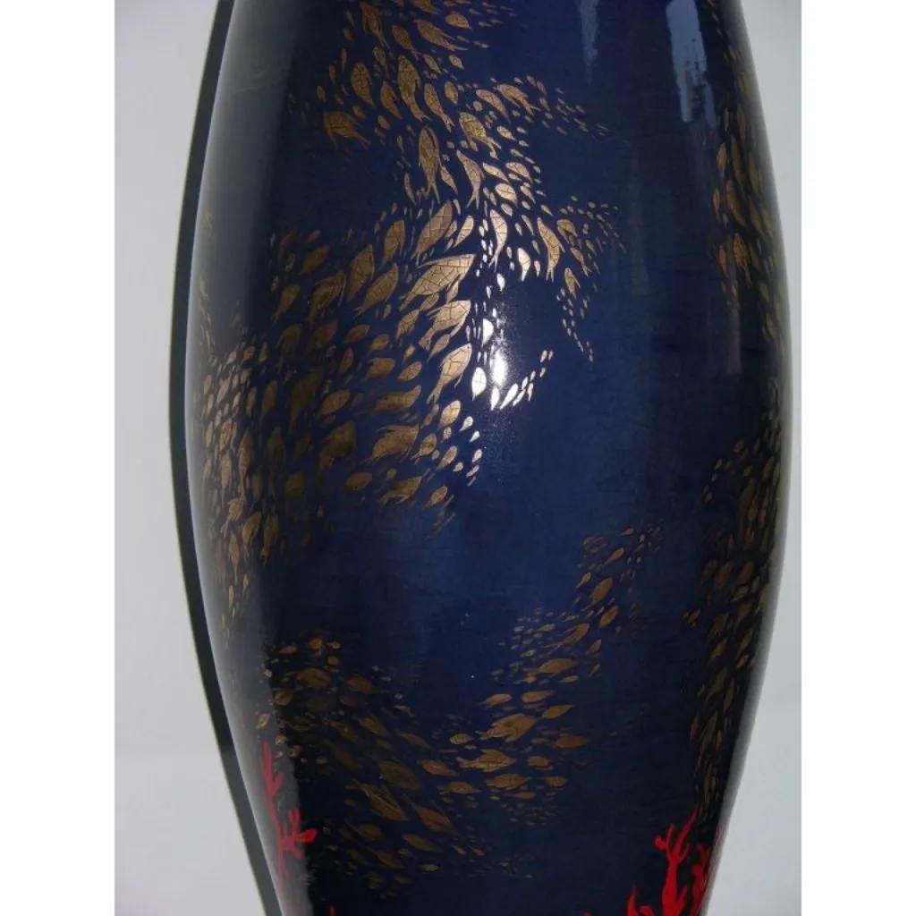 Bespoke Modern Italian Monumental Gold Red Blue Ceramic Vase with Ocean Decor