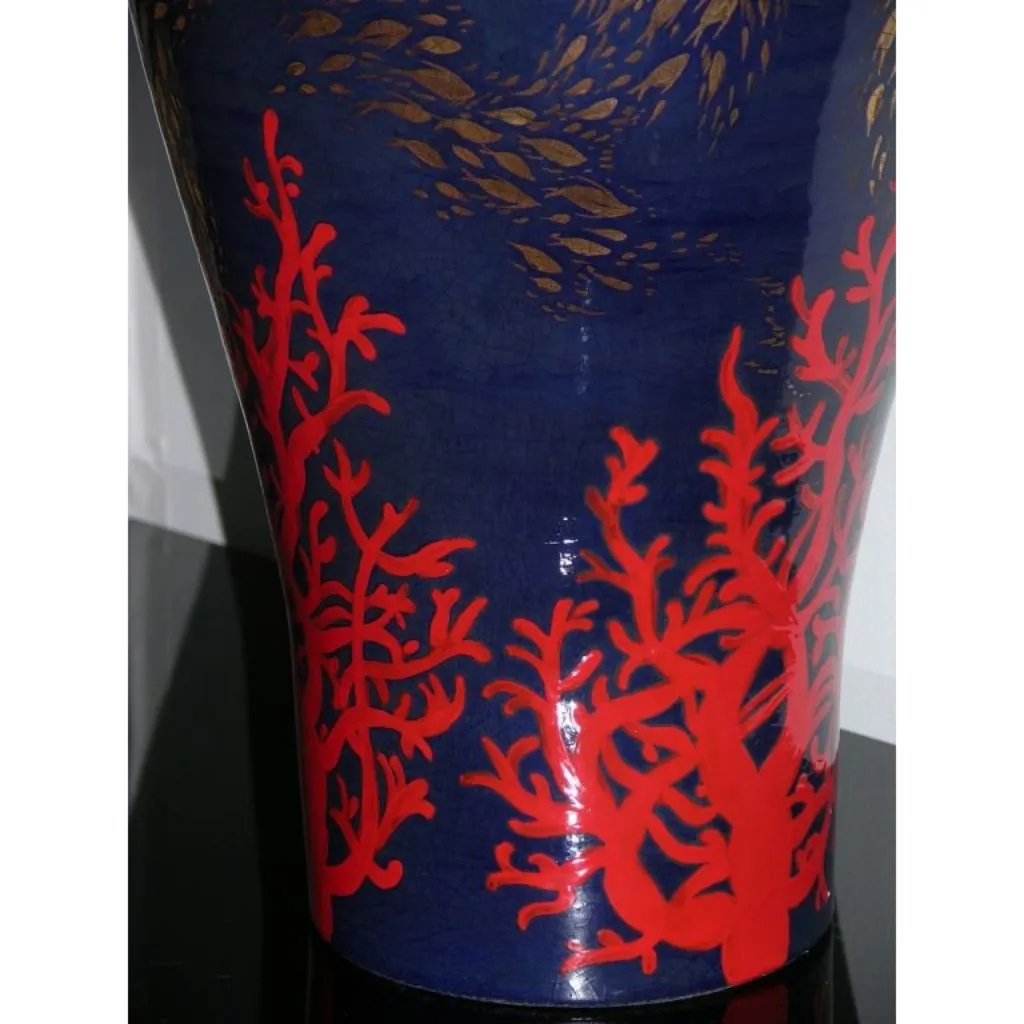 Bespoke Modern Italian Monumental Gold Red Blue Ceramic Vase with Ocean Decor