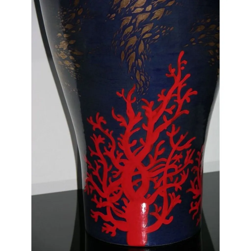 Bespoke Modern Italian Monumental Gold Red Blue Ceramic Vase with Ocean Decor
