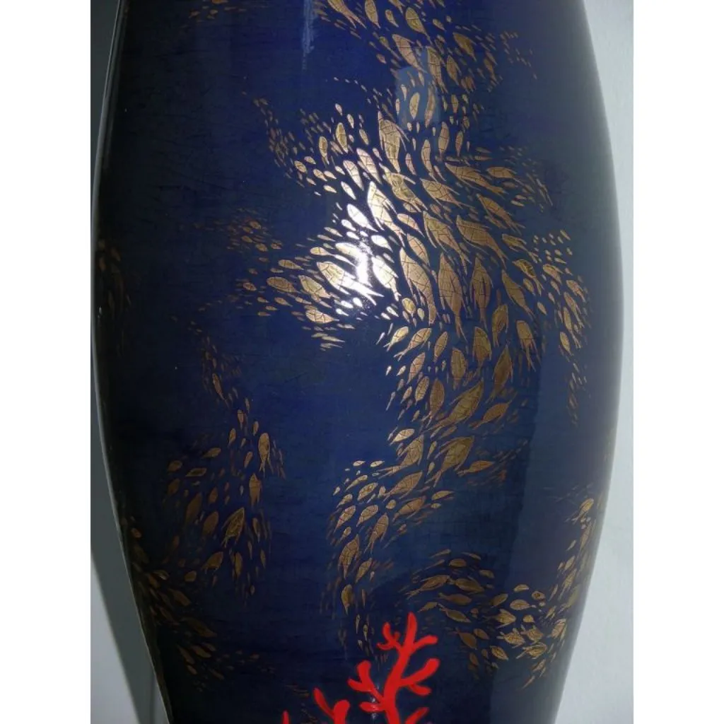 Bespoke Modern Italian Monumental Gold Red Blue Ceramic Vase with Ocean Decor