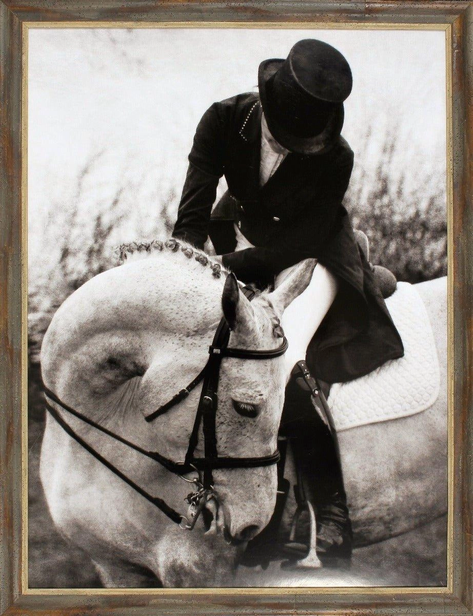 Black & White Horse and Rider Dressage Wall Art in Gold Accent Frame 