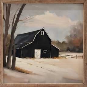 Black Barn With Fence Wood Framed Print 