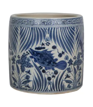 Blue And White Fish Lotus Greek Key Cachepot 