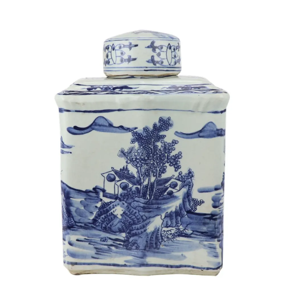 Blue and White Flower Bird Hexagonal Tea Jar 