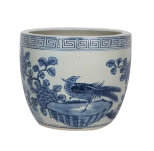 Blue and White Porcelain Pheasant Flower with Greek Key Planter 