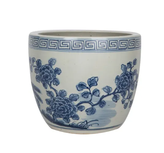 Blue and White Porcelain Pheasant Flower with Greek Key Planter