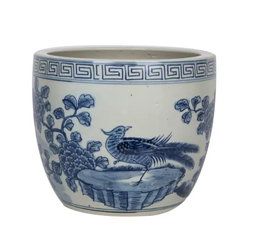 Blue and White Porcelain Pheasant Flower with Greek Key Planter 