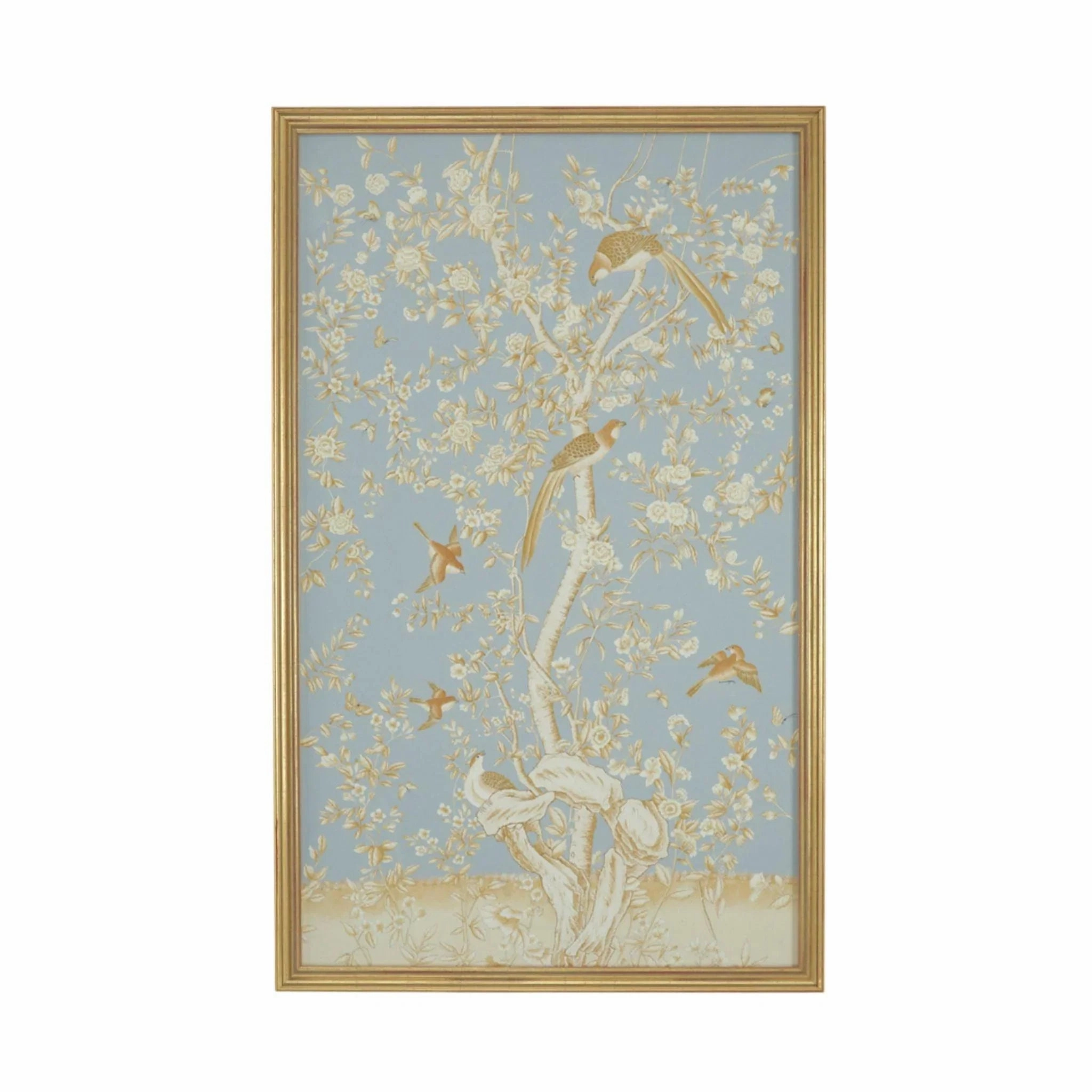 Blue and Gold Watercolor on Silk Chinoiserie Birds Wall Art 2 With Antique Gold Frame 