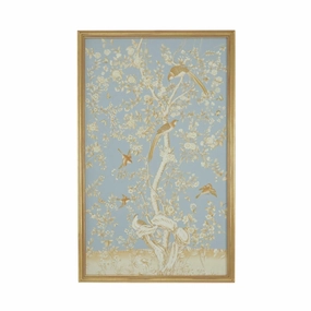 Blue and Gold Watercolor on Silk Chinoiserie Birds Wall Art 2 With Antique Gold Frame 