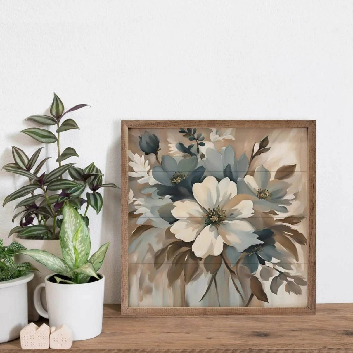 Blue And Tan Floral Display Wood Framed Print