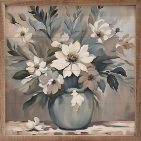 Blue And Tan Florals In Vase Wood Framed Print 