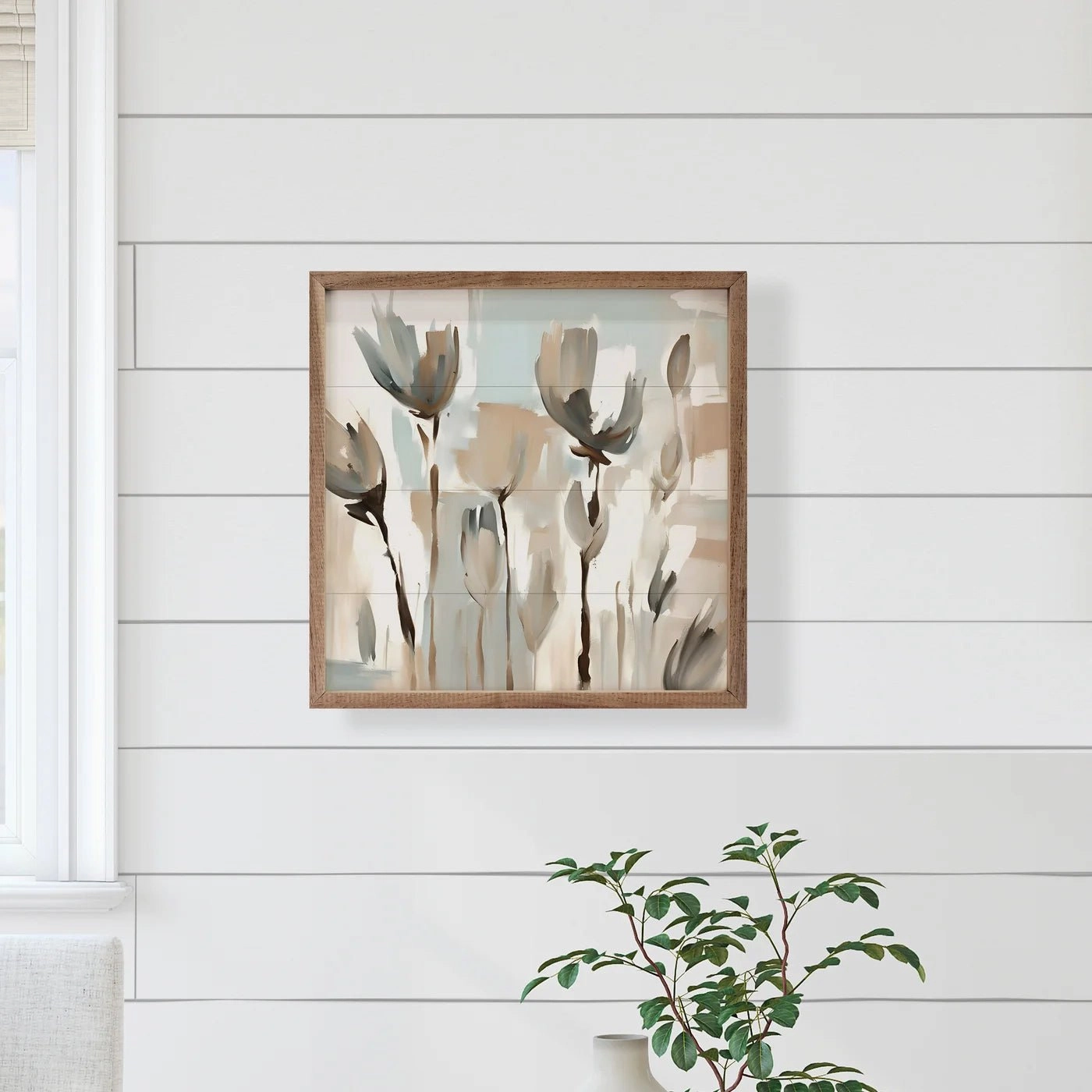 Blue And Tan Tulips Wood Framed Print