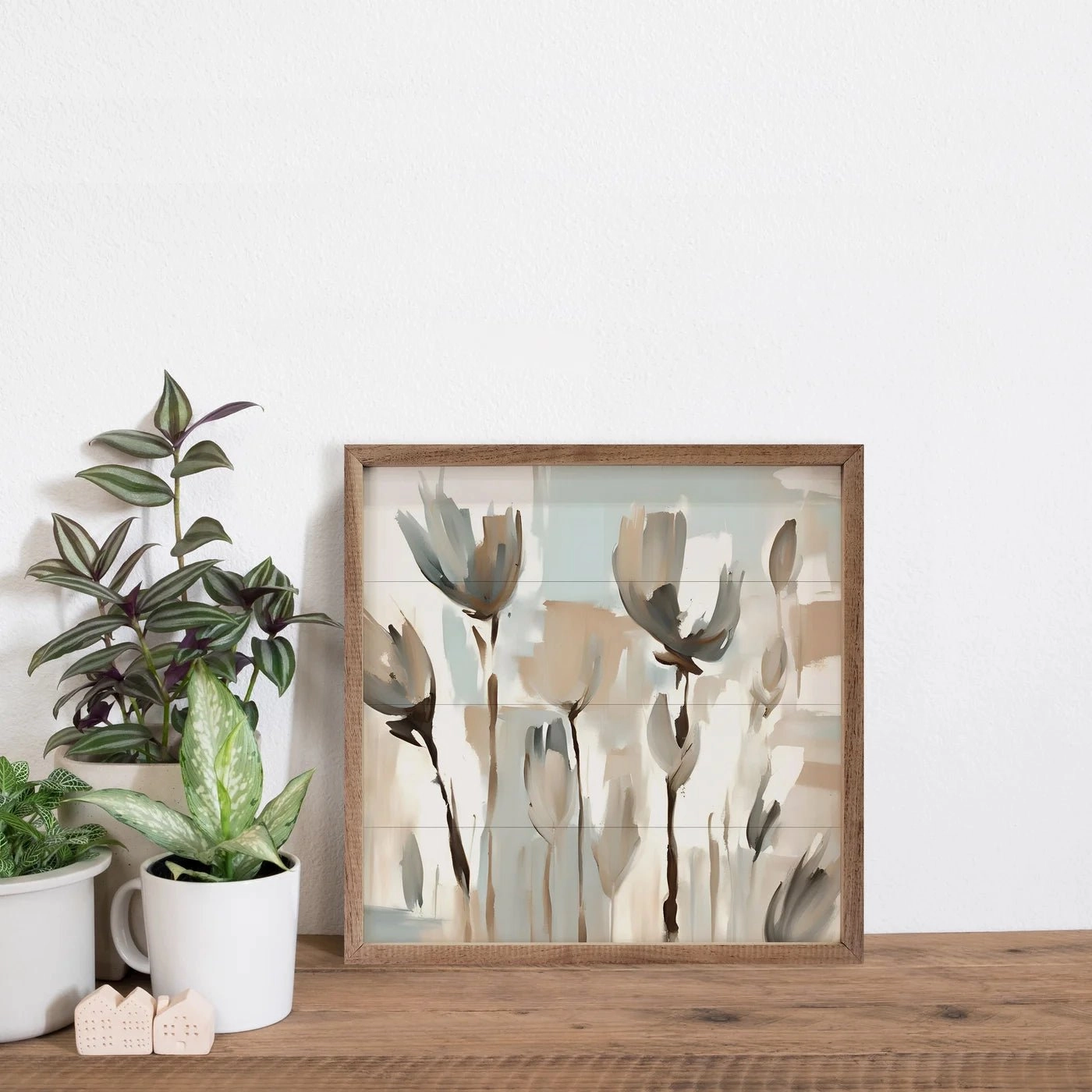 Blue And Tan Tulips Wood Framed Print