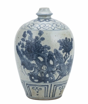 Blue and White Garlic Head Vase Flower Bird Motif 