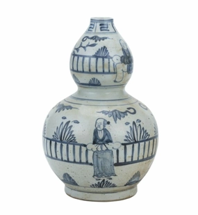 Blue And White Gourd Vase Man Out of Garden Fence 