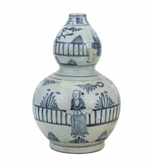 Blue And White Gourd Vase Man Out of Garden Fence 