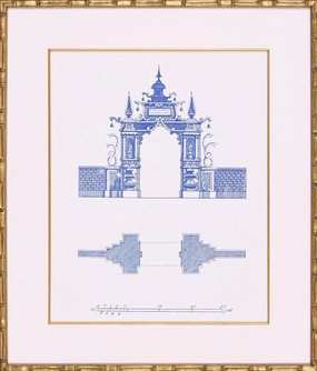 Blue Pagoda Lithograph Wall Art in Gold Frame 