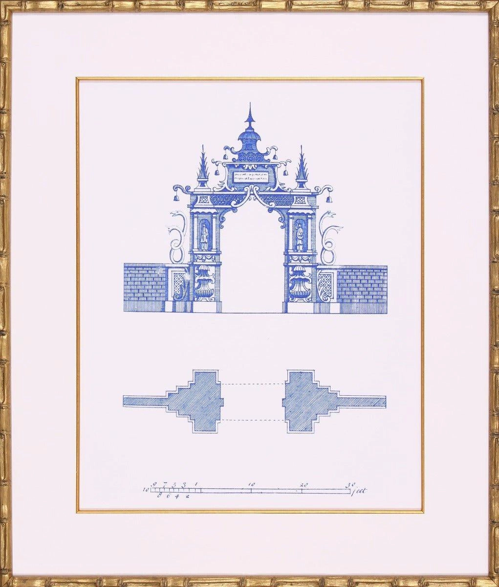 Blue Pagoda Lithograph Wall Art in Gold Frame 
