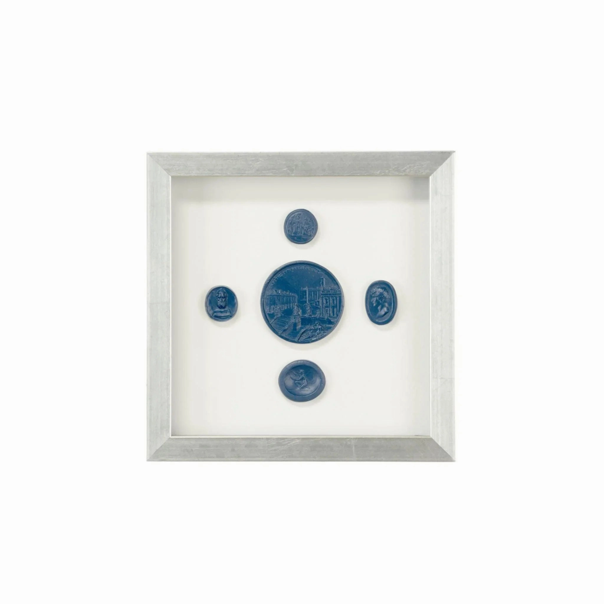 Blue Plaster Intaglios Small Wall Art in Contemporary Silver Leaf Frame 