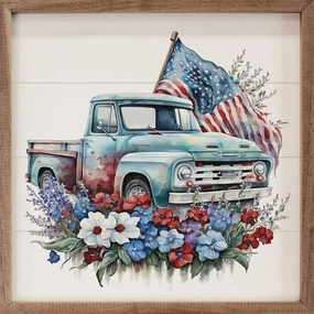 Blue Truck With Flag Wood Framed Print 