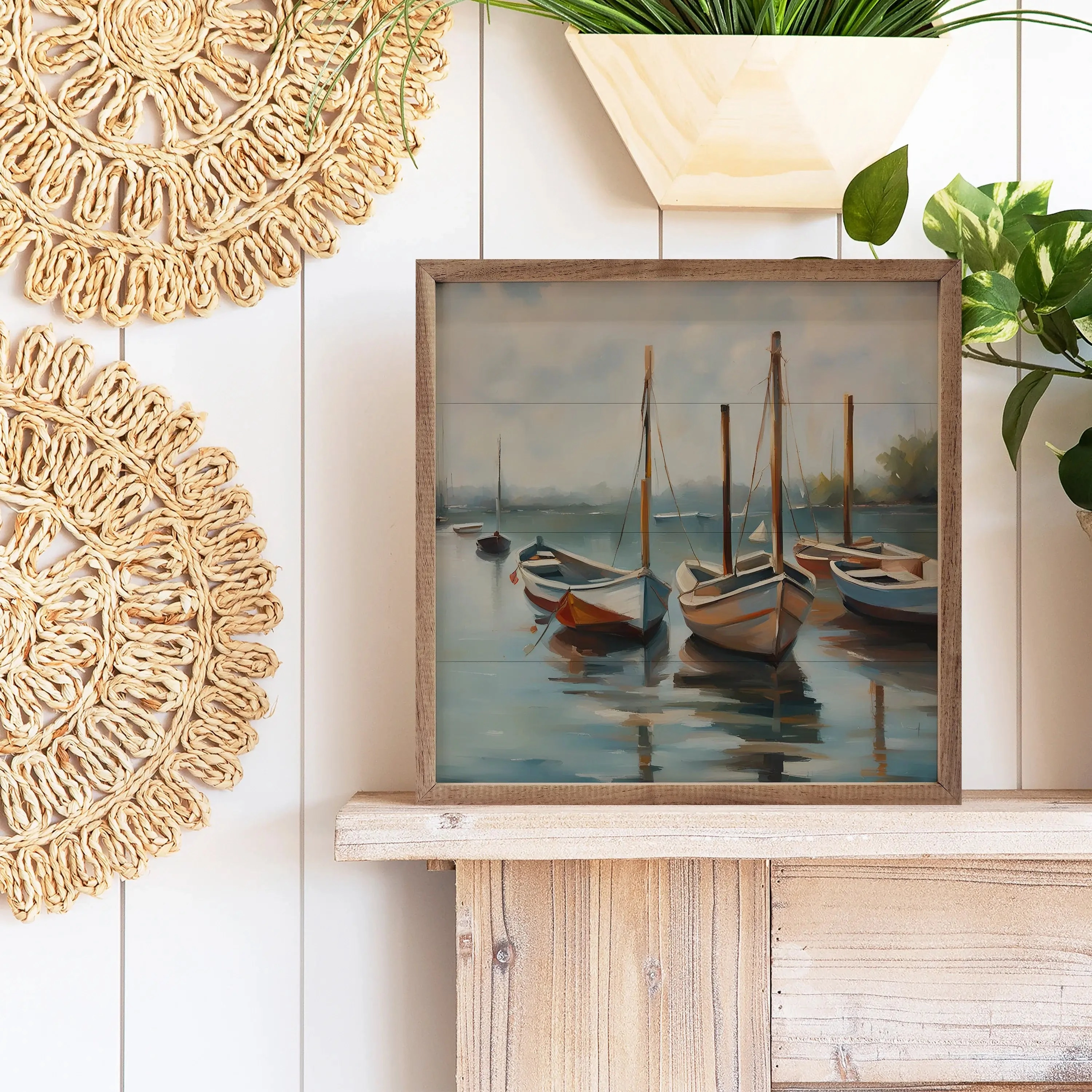 Boats On Pier Wood Framed Print