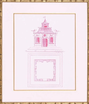 Bright Pink Pagoda Design I Lithograph in Gold Frame 