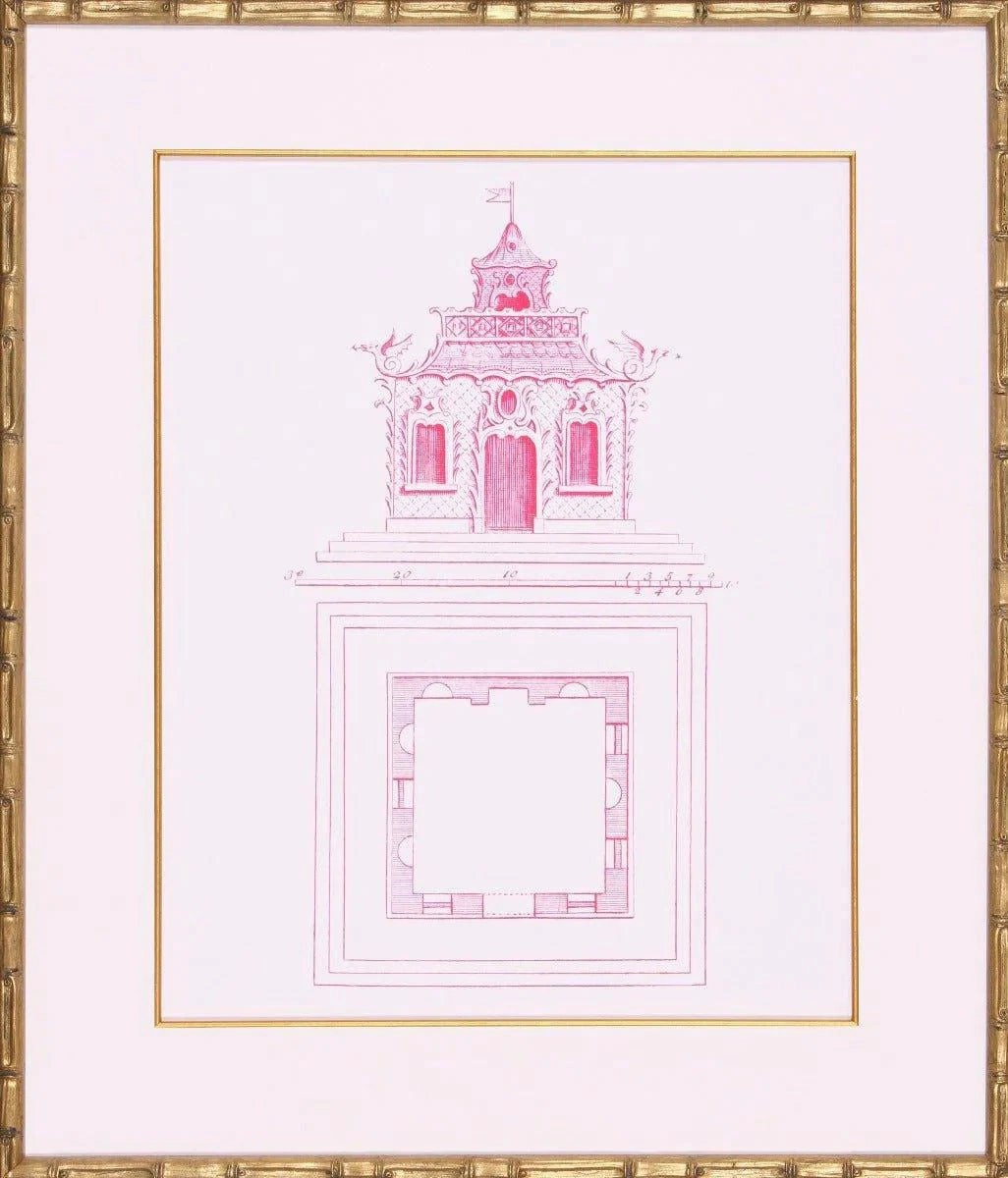 Bright Pink Pagoda Design I Lithograph in Gold Frame 