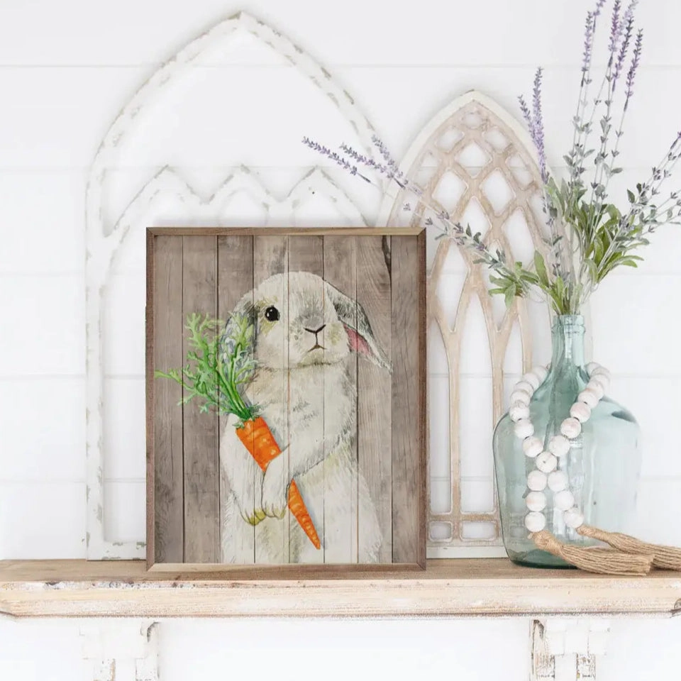Bunny With Carrot Wood Framed Print 