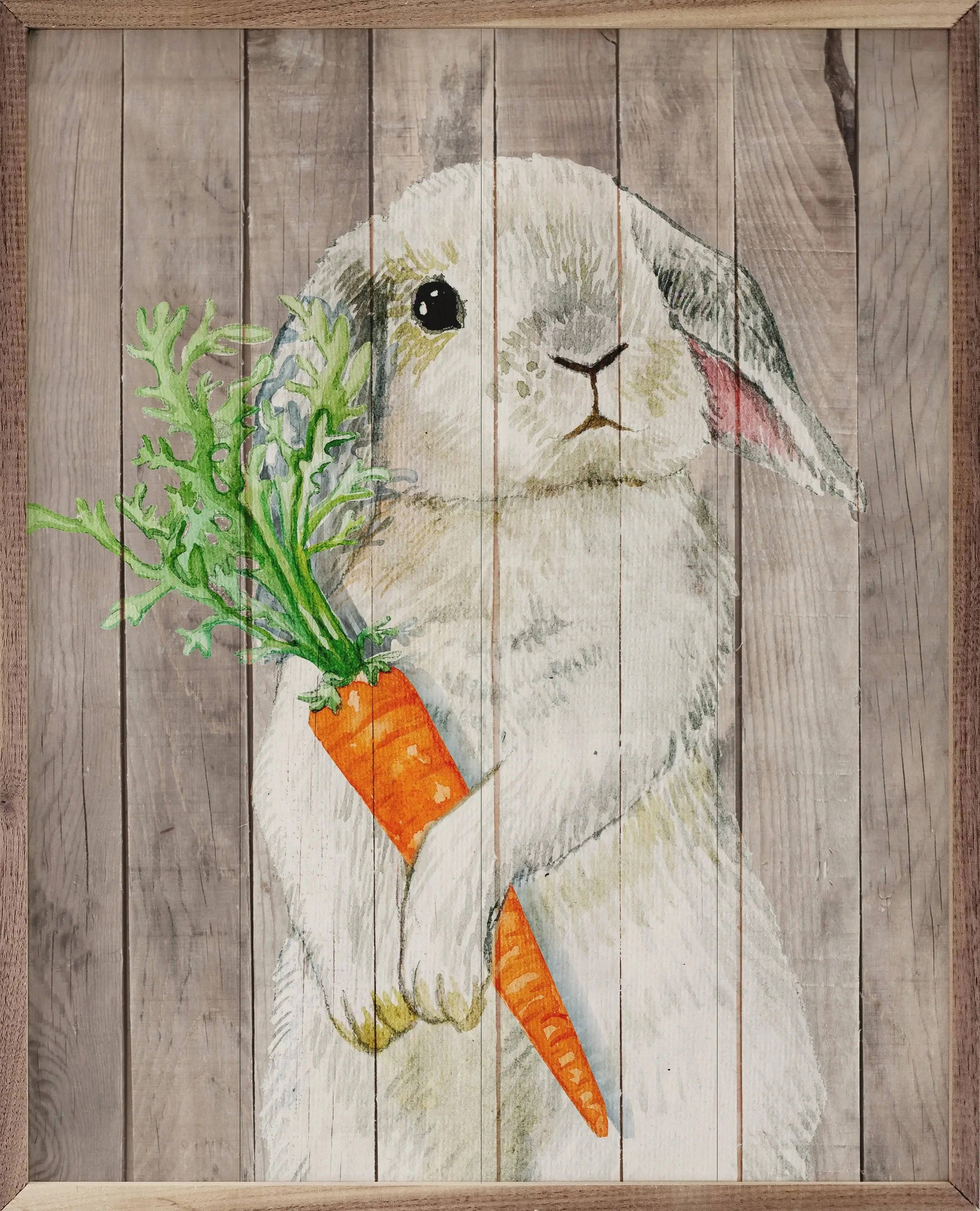 Bunny With Carrot Wood Framed Print