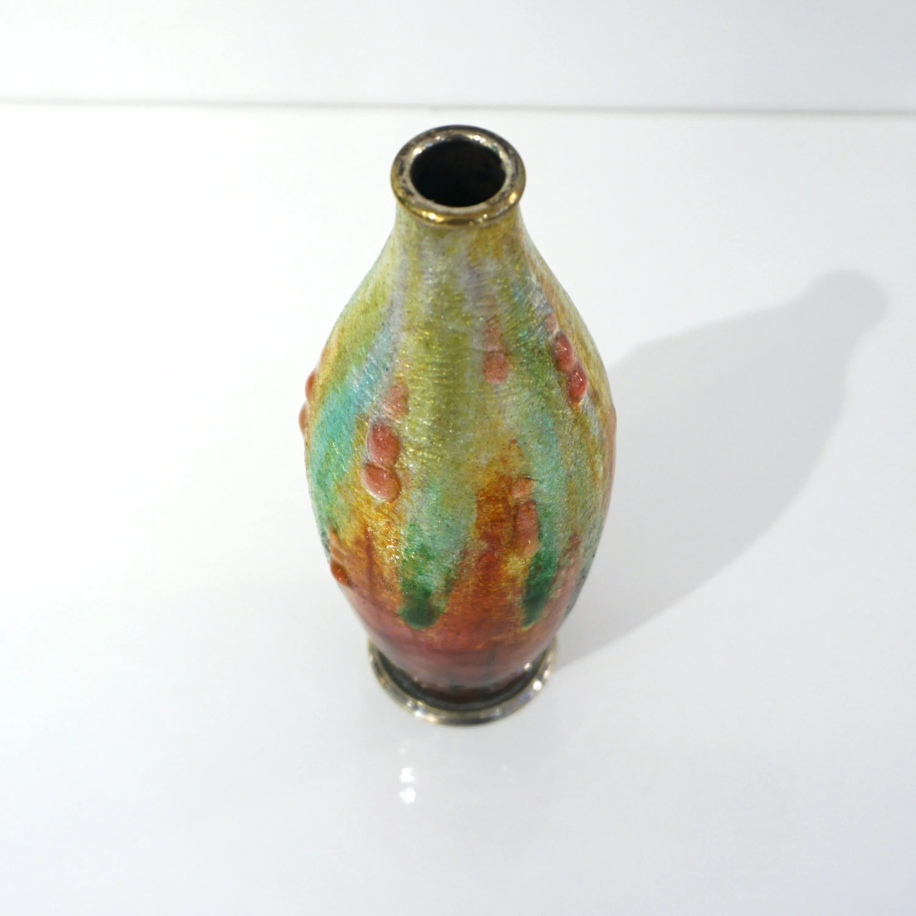 Camille Faure Art Nouveau French Limoges Yellow Green Red Enamels Copper Vase