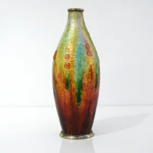 Camille Faure Art Nouveau French Limoges Yellow Green Red Enamels Copper Vase 