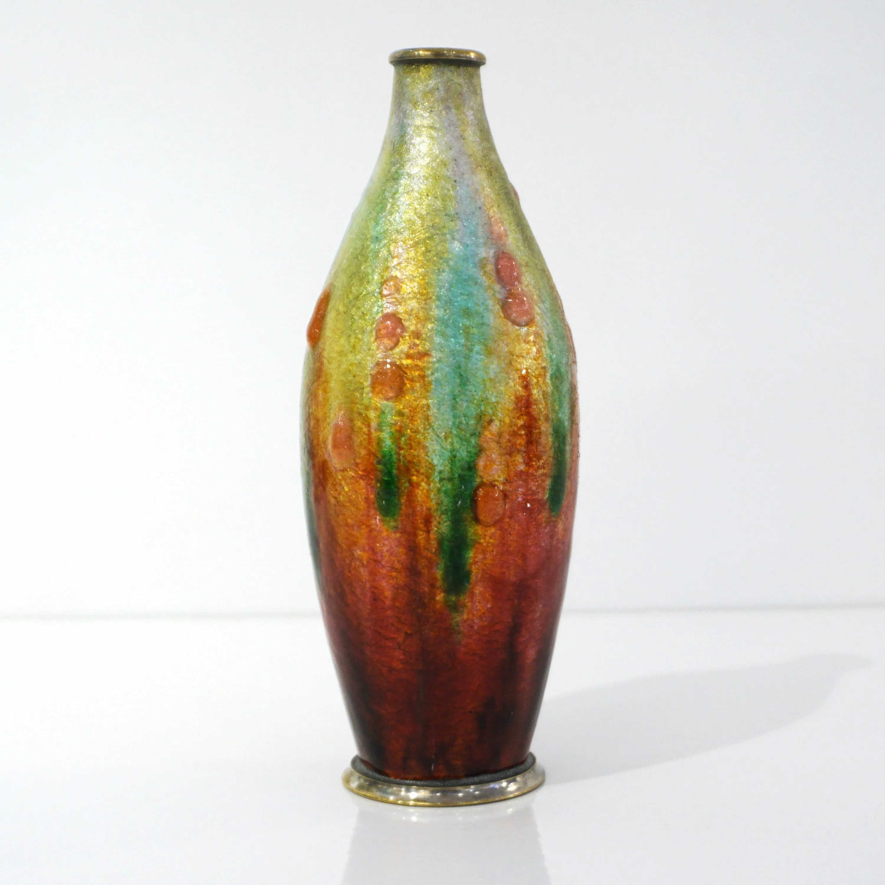 Camille Faure Art Nouveau French Limoges Yellow Green Red Enamels Copper Vase 