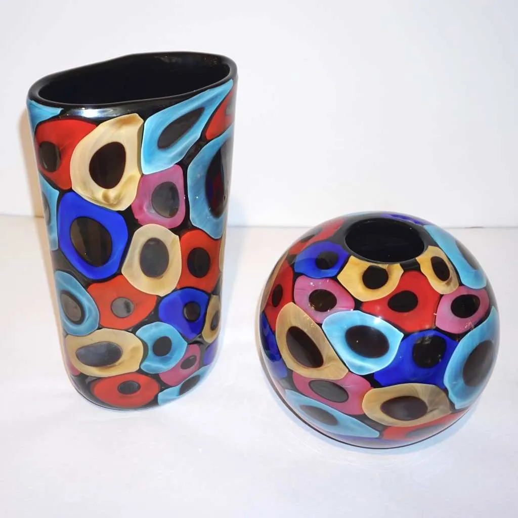 Camozzo 1990 Modern Black Azure Blue Red Pink Yellow Murano Glass Vase