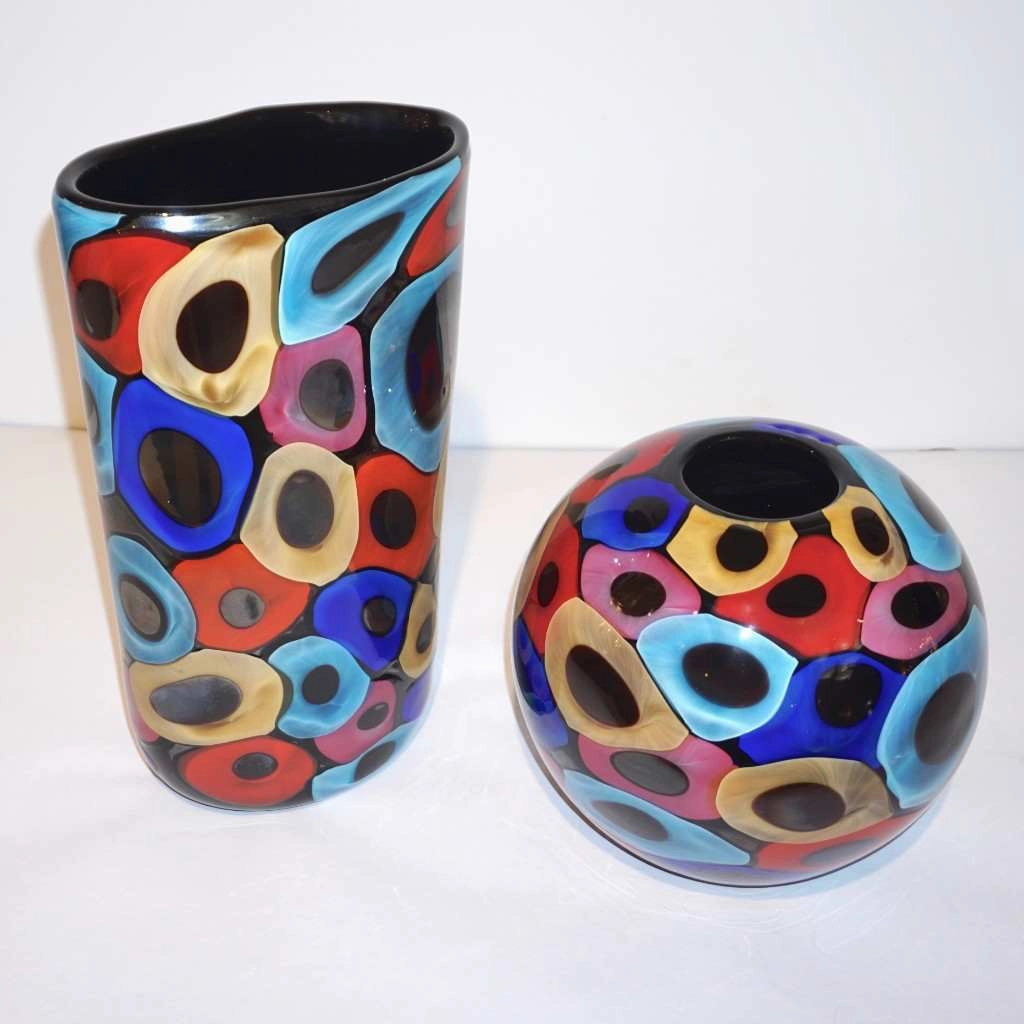 Camozzo 1990 Modern Black Azure Blue Red Pink Yellow Murano Tall Glass Vase
