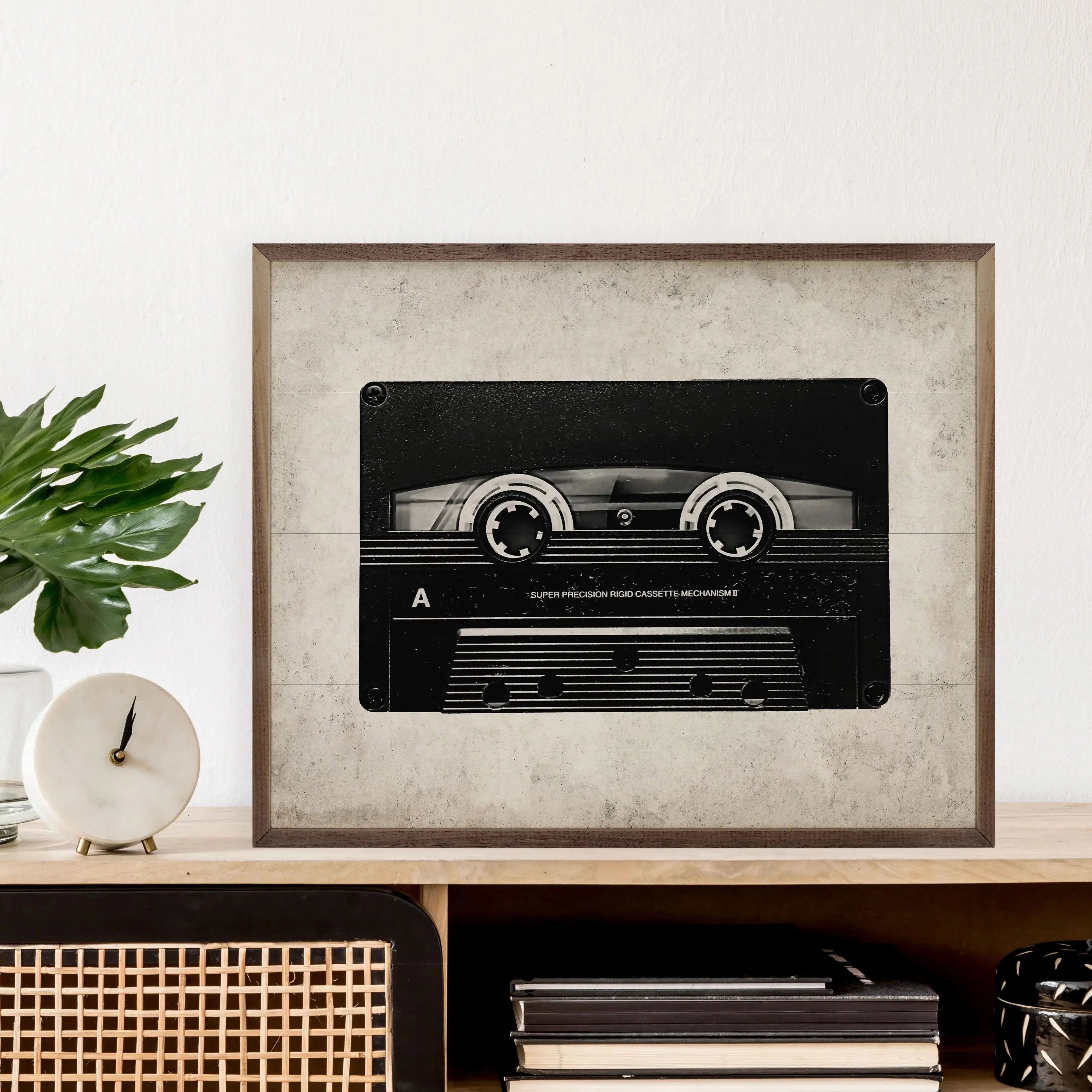 Cassette In Black & White Wood Framed Print 