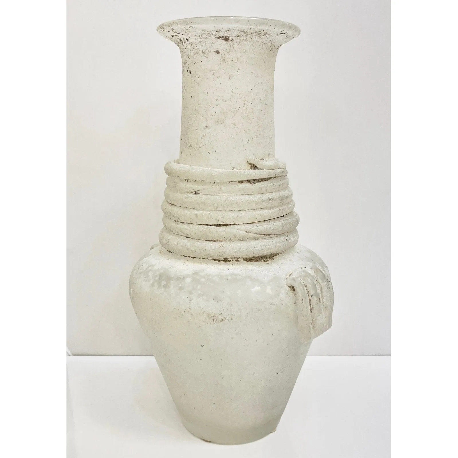 Cenedese 1950s Mid-Century Modern Italian White Scavo Murano Glass Round Vase