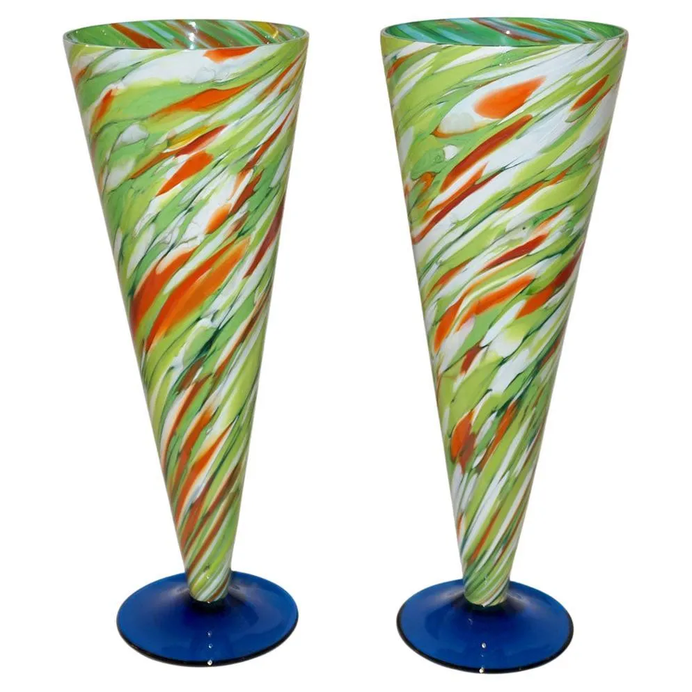 Cenedese 1970 Pair of White Green Orange Murano Glass Conical Vases on Blue Base 