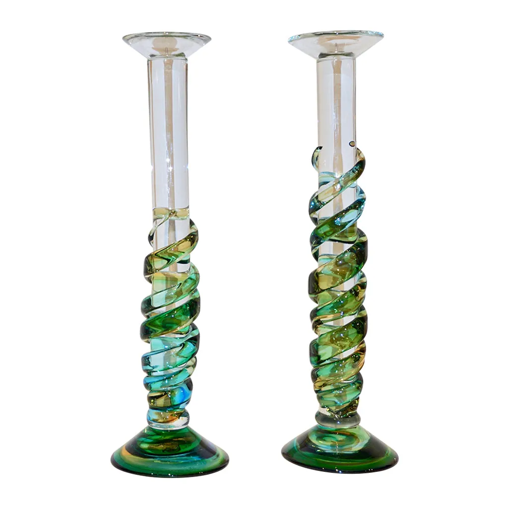 Cenedese 1970s Vintage Italian Yellow Green Aqua Blue Murano Glass Candlesticks 