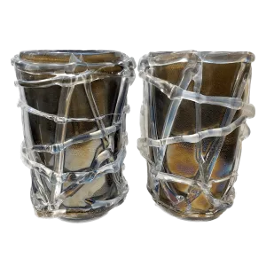 Cenedese Italian Modern Pair of Iridescent Black Gold Crystal Murano Glass Vases 