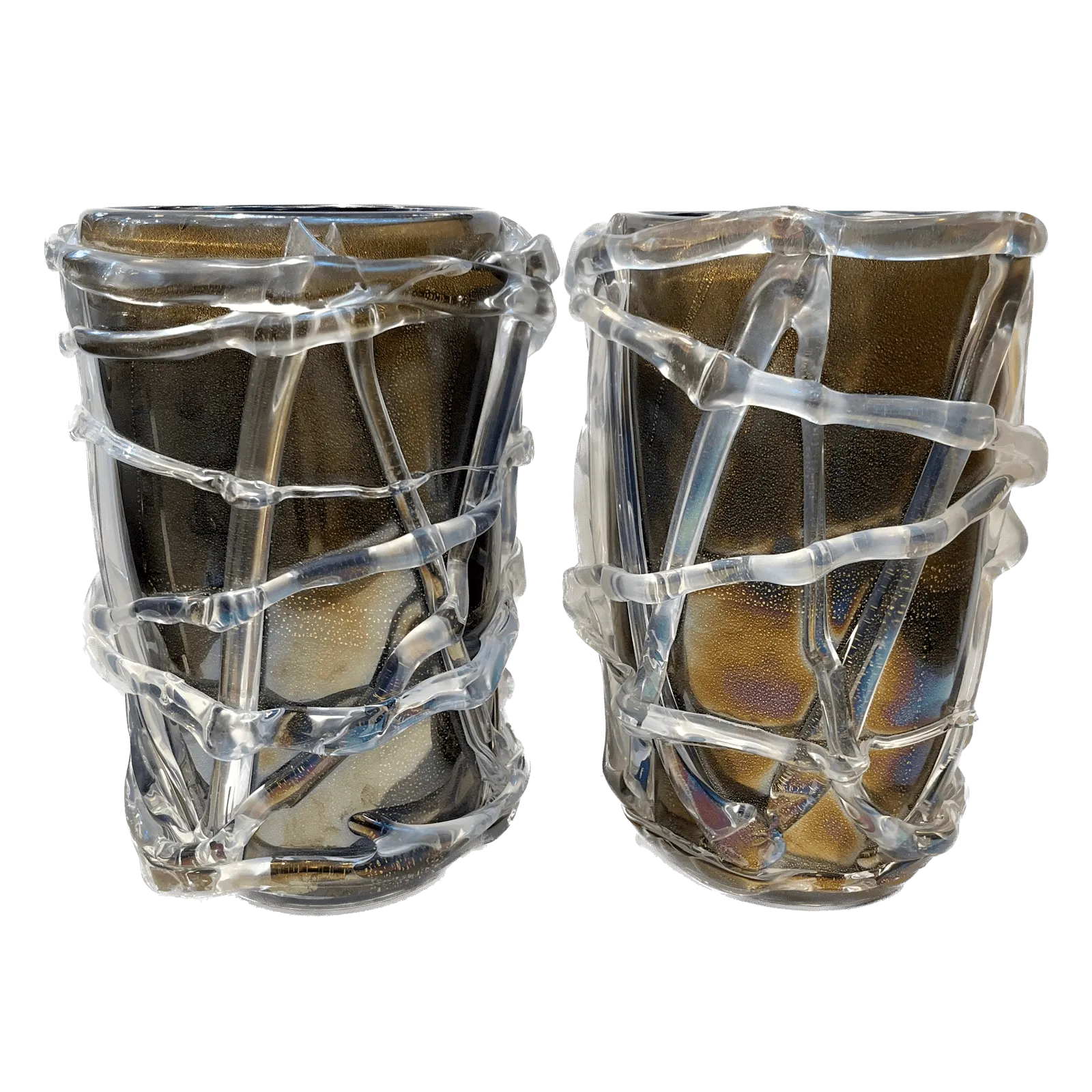 Cenedese Italian Modern Pair of Iridescent Black Gold Crystal Murano Glass Vases 