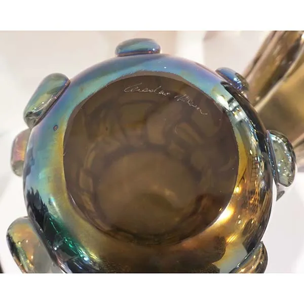 Cenedese Italian Modern Pair of Iridescent Black Smoked Murano Glass Vases