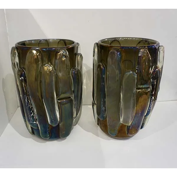 Cenedese Italian Modern Pair of Iridescent Black Smoked Murano Glass Vases
