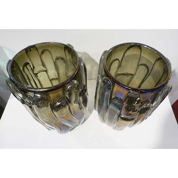 Cenedese Italian Modern Pair of Iridescent Black Smoked Murano Glass Vases