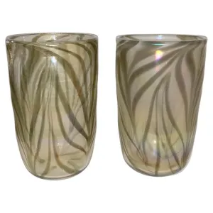 Cenedese Italian Pair of Iridescent Zebra Smoked Gold Murano Glass Modern Vases 