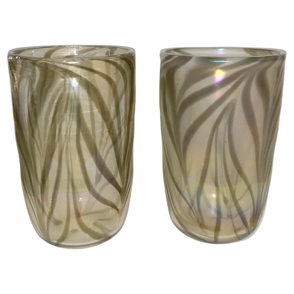 Cenedese Italian Pair of Iridescent Zebra Smoked Gold Murano Glass Modern Vases 