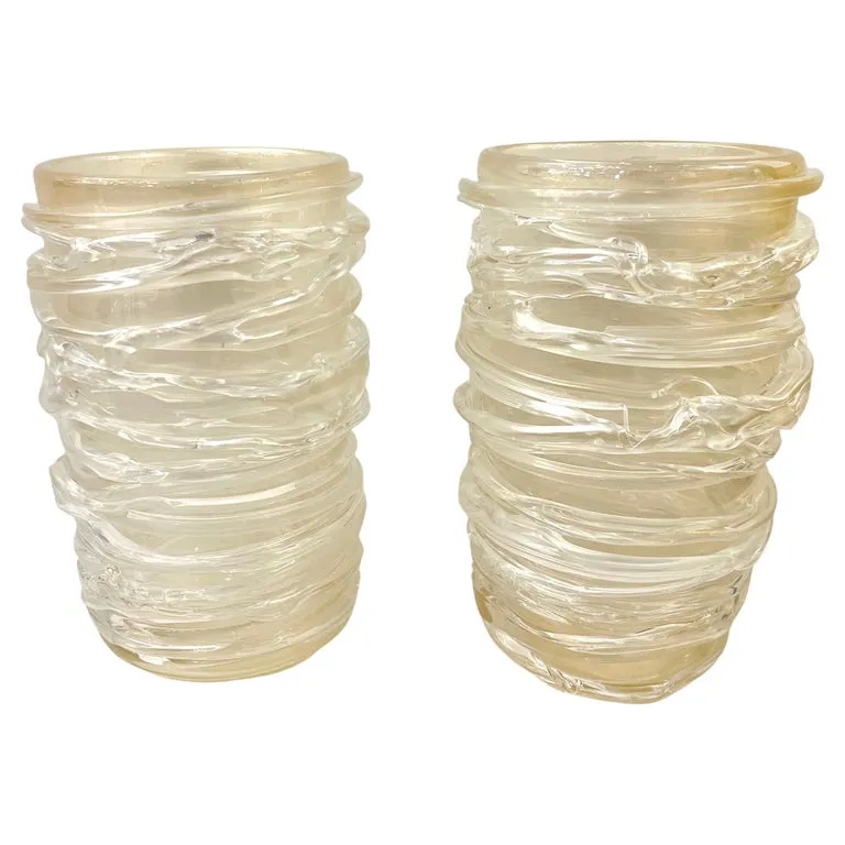 Cenedese Italian Pair of Tall Modern Iridescent Gold Crystal Murano Glass Vases 