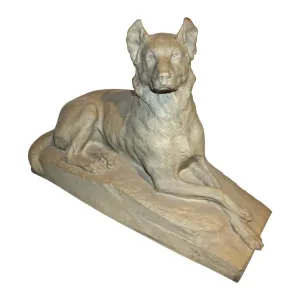 Charles Virion 1920 Antique Gray Terracotta Sculpture of a German Shepherd Dog 